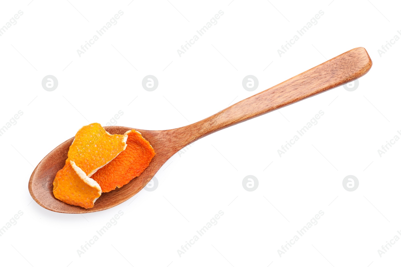 Photo of Wooden spoon with dry orange peels isolated on white, top view