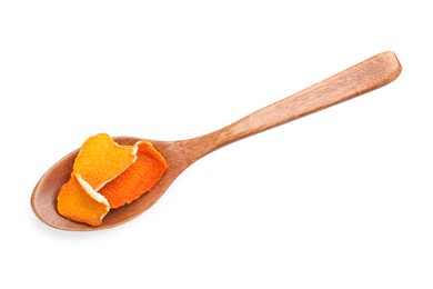 Wooden spoon with dry orange peels isolated on white, top view