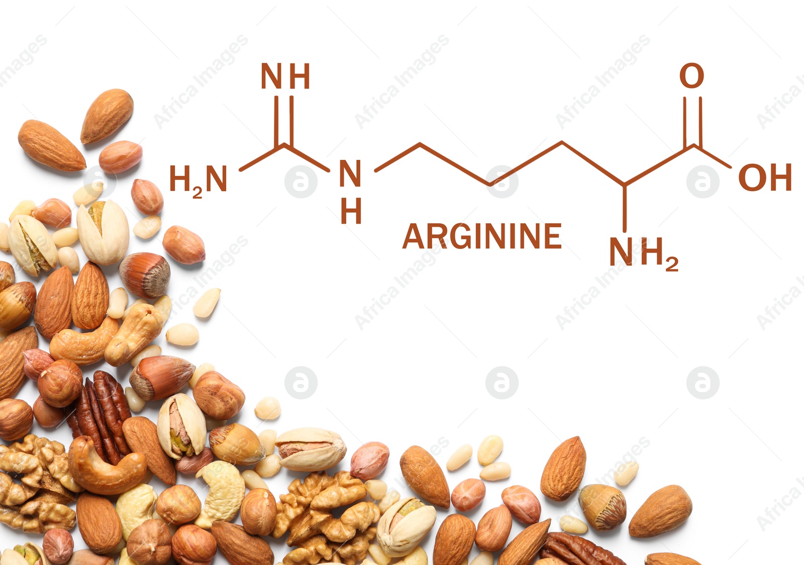 Image of Different delicious nuts on white background, flat lay. Sources of essential amino acids 