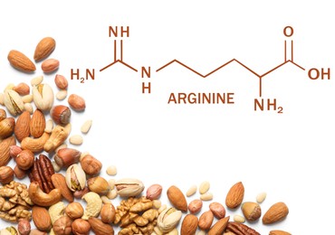 Different delicious nuts on white background, flat lay. Sources of essential amino acids 