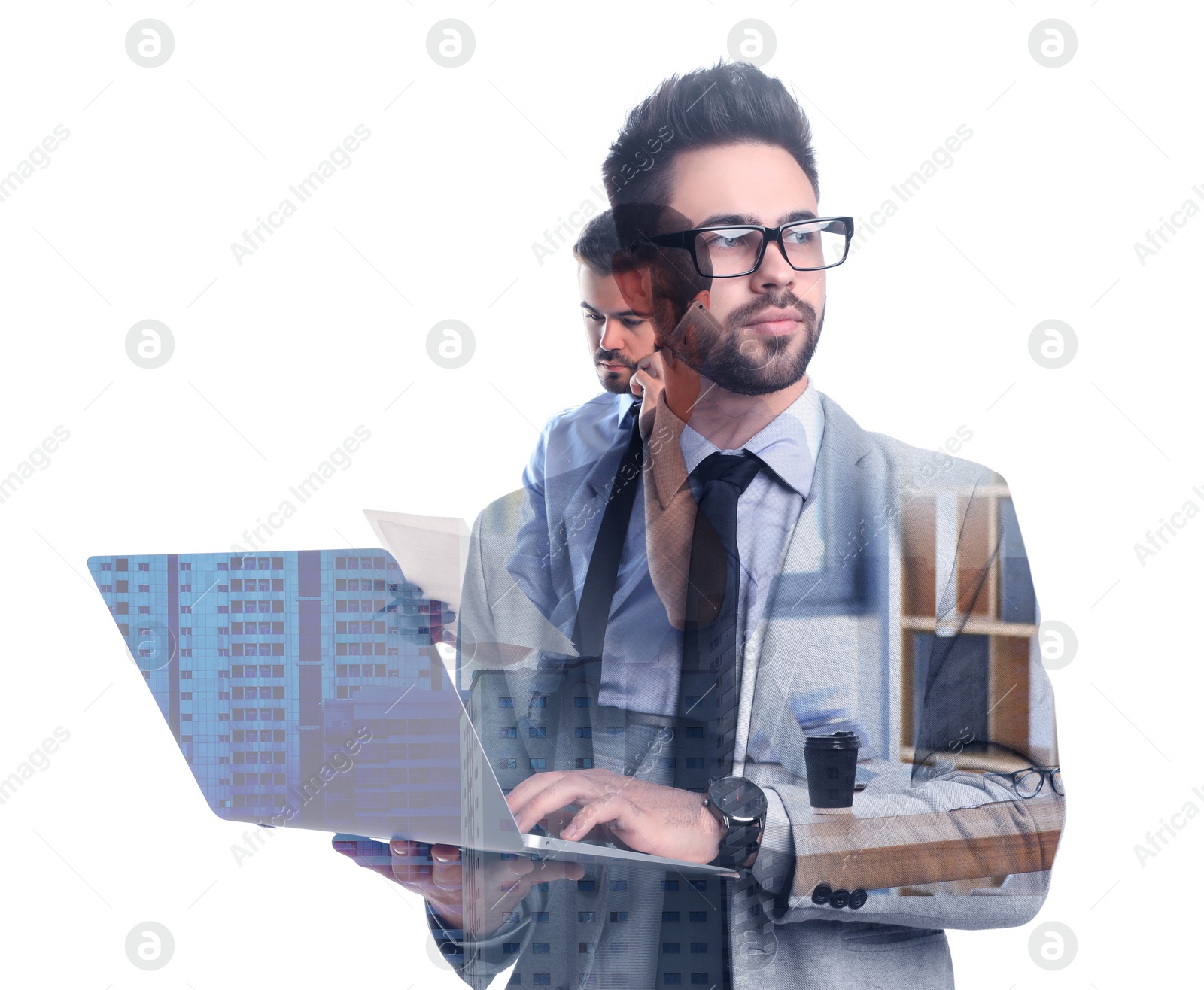 Image of Multiple exposure of businessmen with laptop and documents