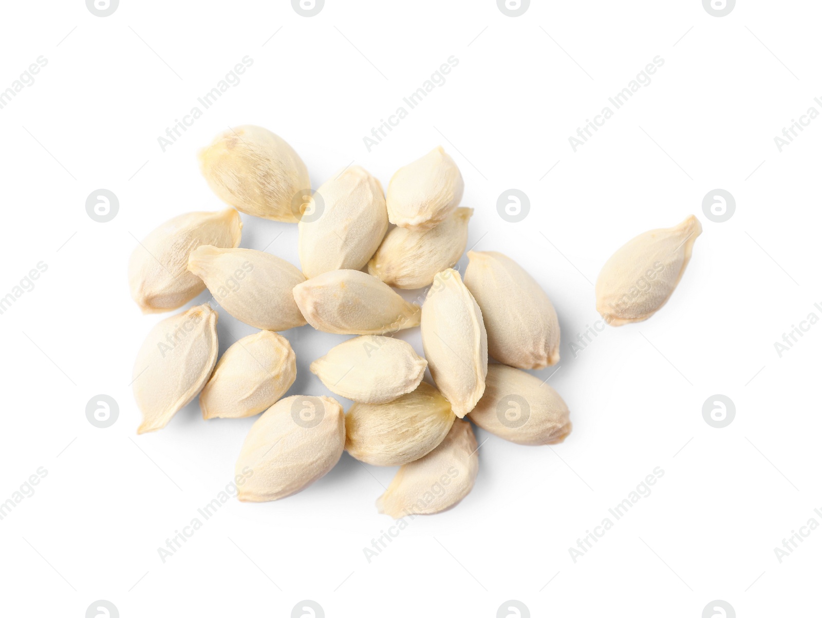 Photo of Many seeds of tangerine isolated on white, top view