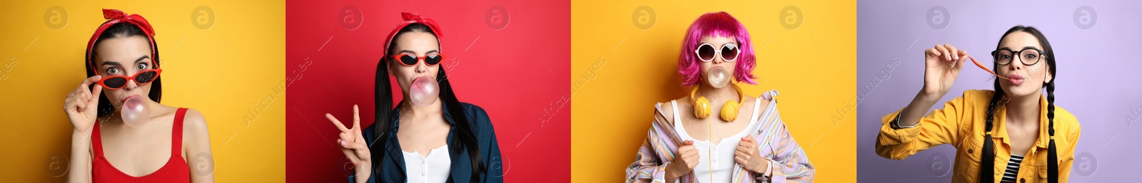 Image of Collage with photos of women with bubblegum on color backgrounds, banner design