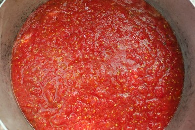 Freshly made red tomato juice, top view