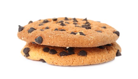 Photo of Delicious chocolate chip cookies on white background