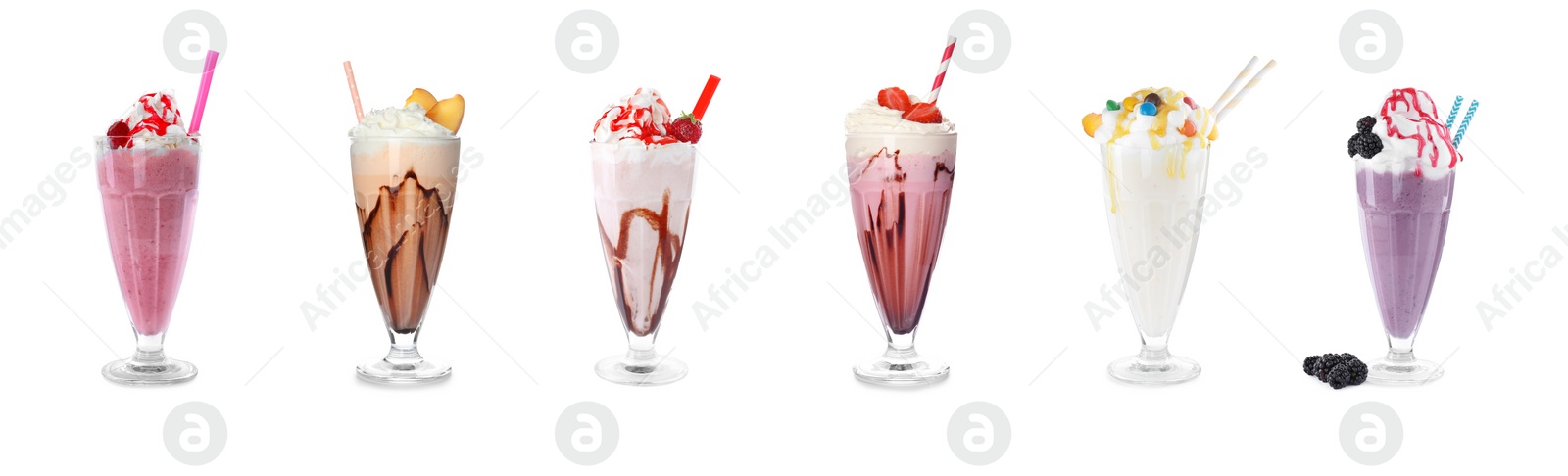 Image of Set of glasses with different protein shakes on white background. Banner design