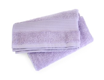 Photo of Violet terry towel isolated on white, top view