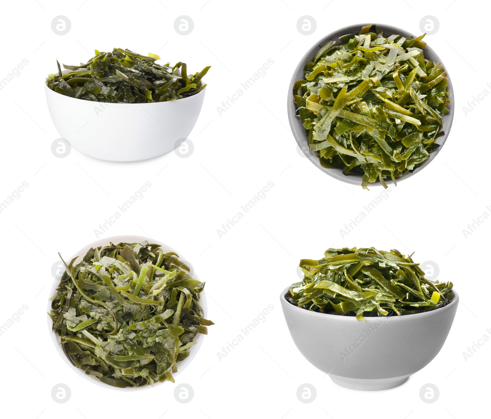 Image of Set with fresh laminaria (kelp) seaweed on white background