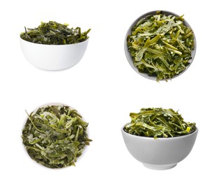 Image of Set with fresh laminaria (kelp) seaweed on white background