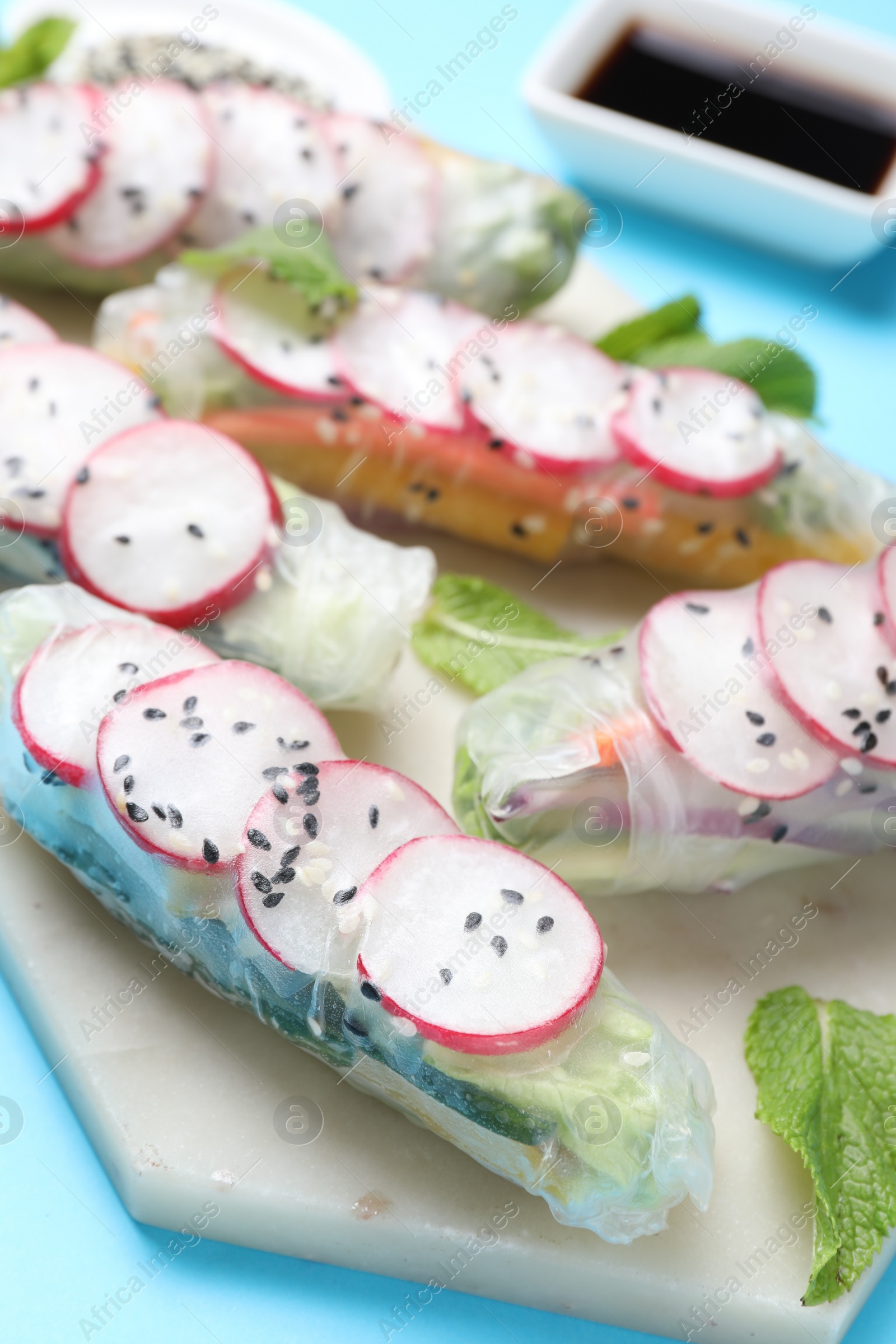 Photo of Delicious spring rolls and mint on light blue background