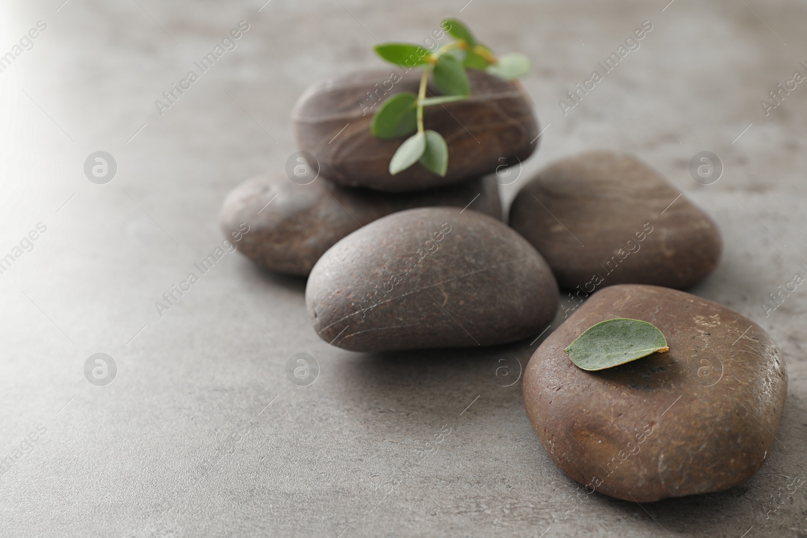 Photo of Spa stones with eucalyptus on color background. Space for text