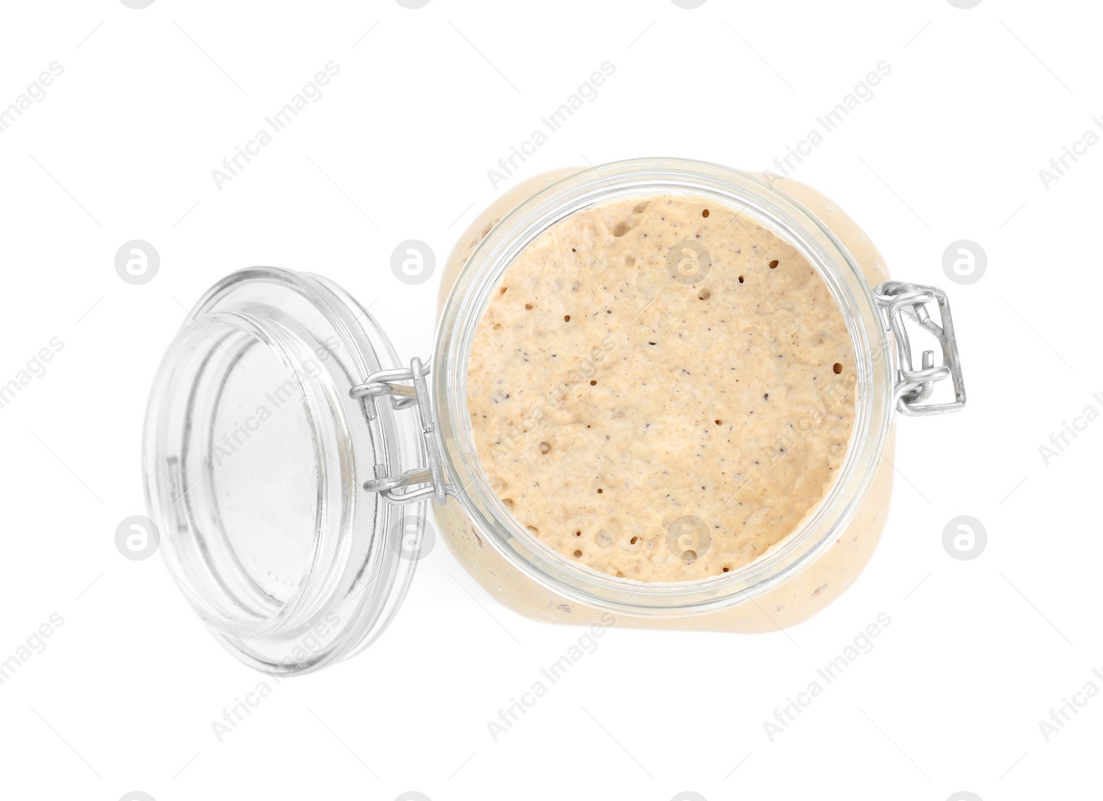Photo of Leaven in glass jar isolated on white, top view