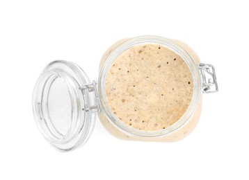 Leaven in glass jar isolated on white, top view