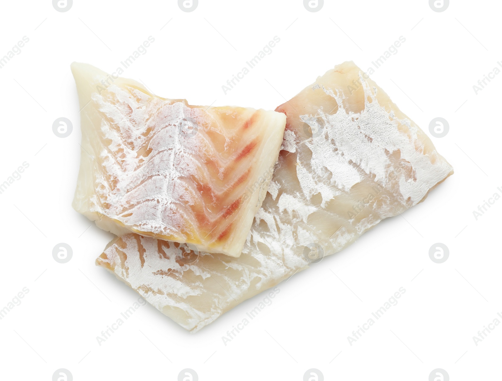 Photo of Fresh raw cod fillets isolated on white, top view