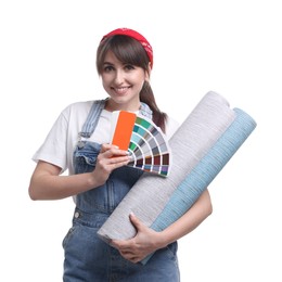 Beautiful woman with wallpaper rolls and color palette on white background