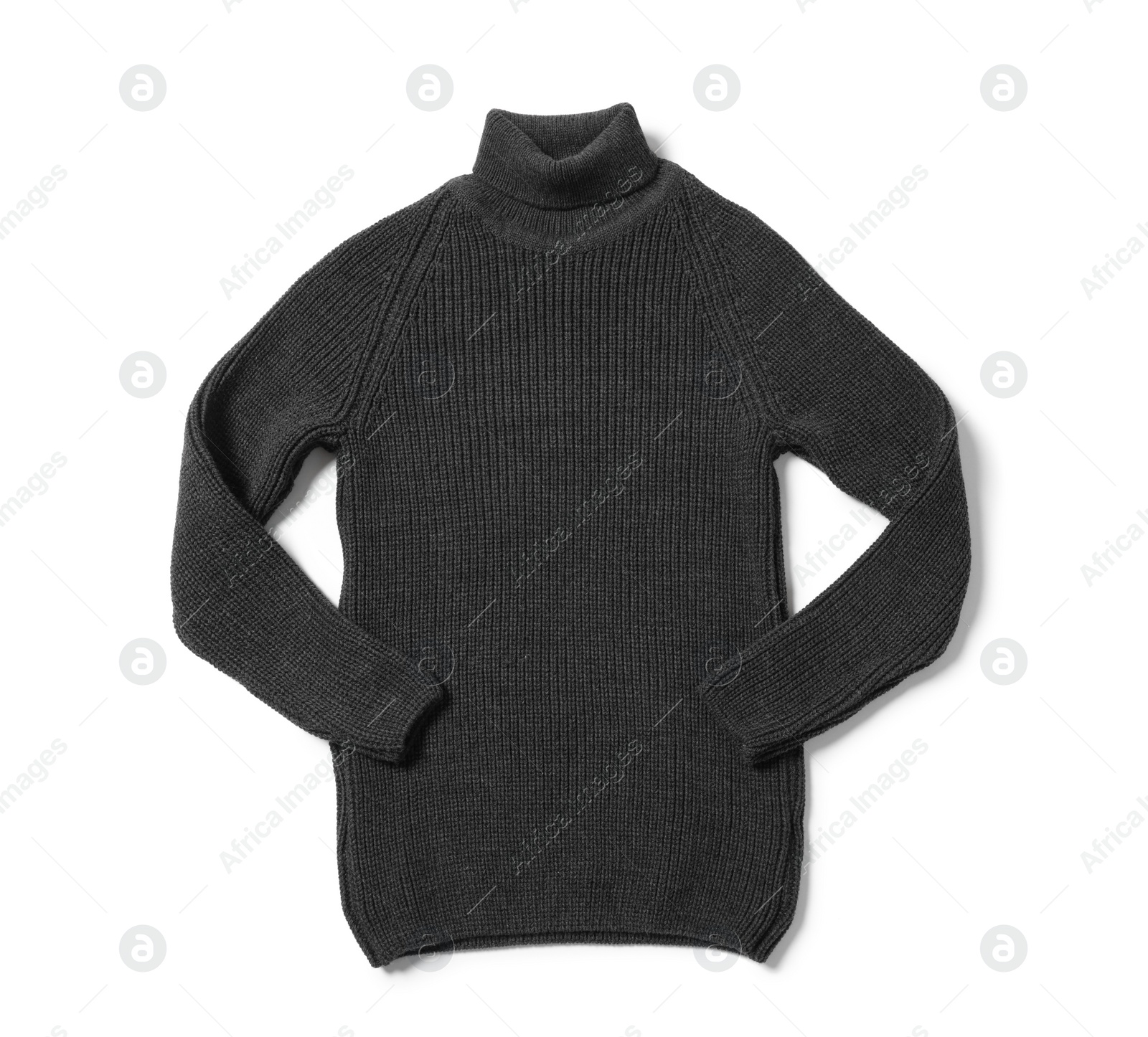 Photo of Stylish dark knitted sweater isolated on white, top view