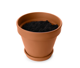 Photo of Stylish terracotta flower pot with soil isolated on white