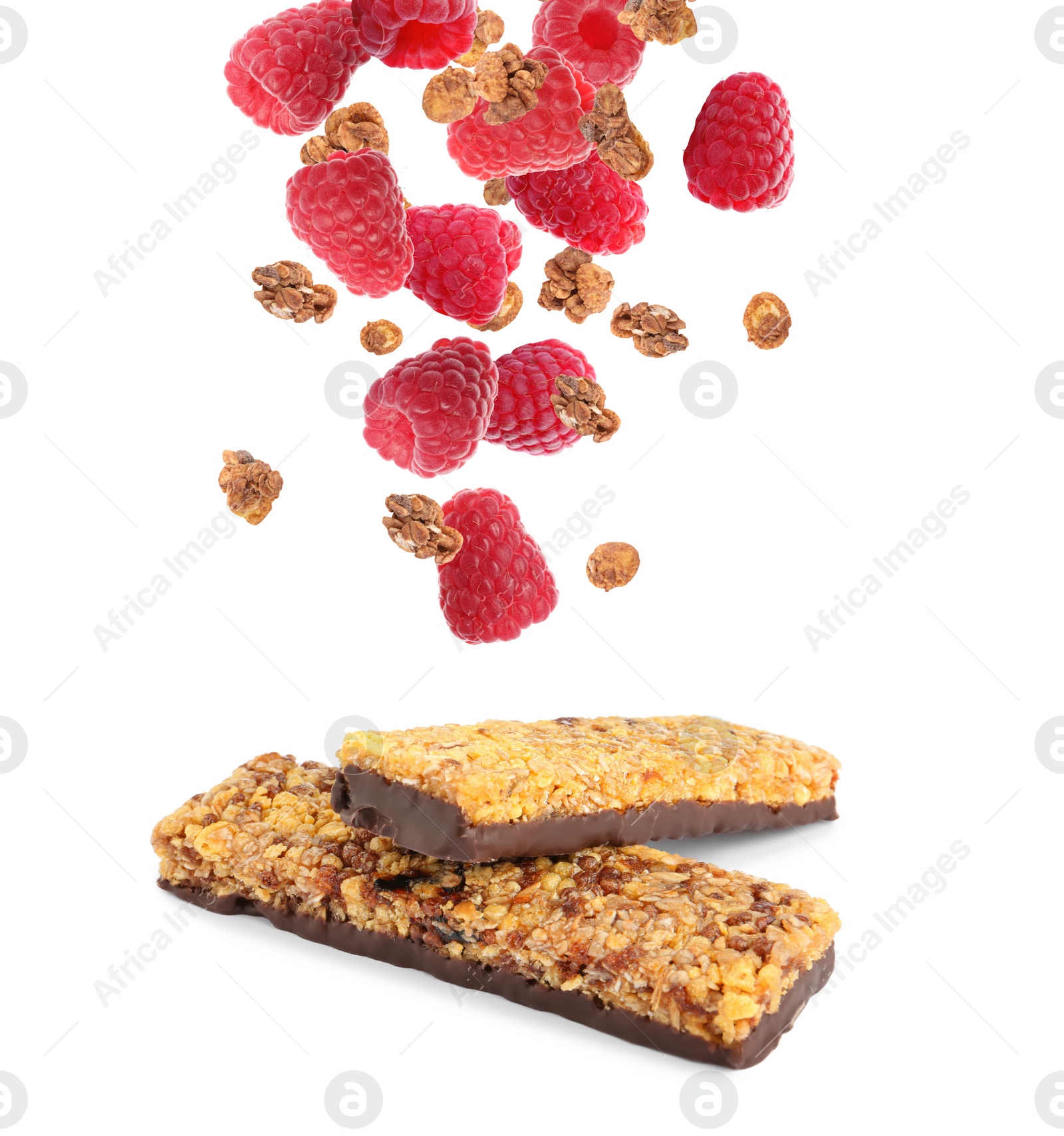 Image of Tasty protein bars and granola with raspberries falling on white background