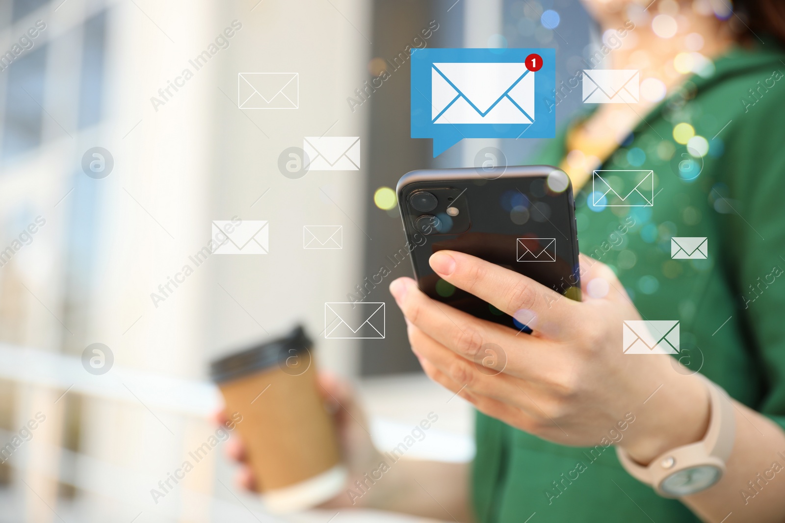 Image of Email. Woman using mobile phone outdoors, closeup. Letter illustrations around device