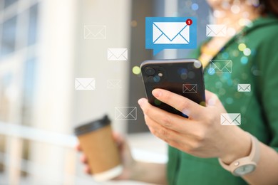 Image of Email. Woman using mobile phone outdoors, closeup. Letter illustrations around device