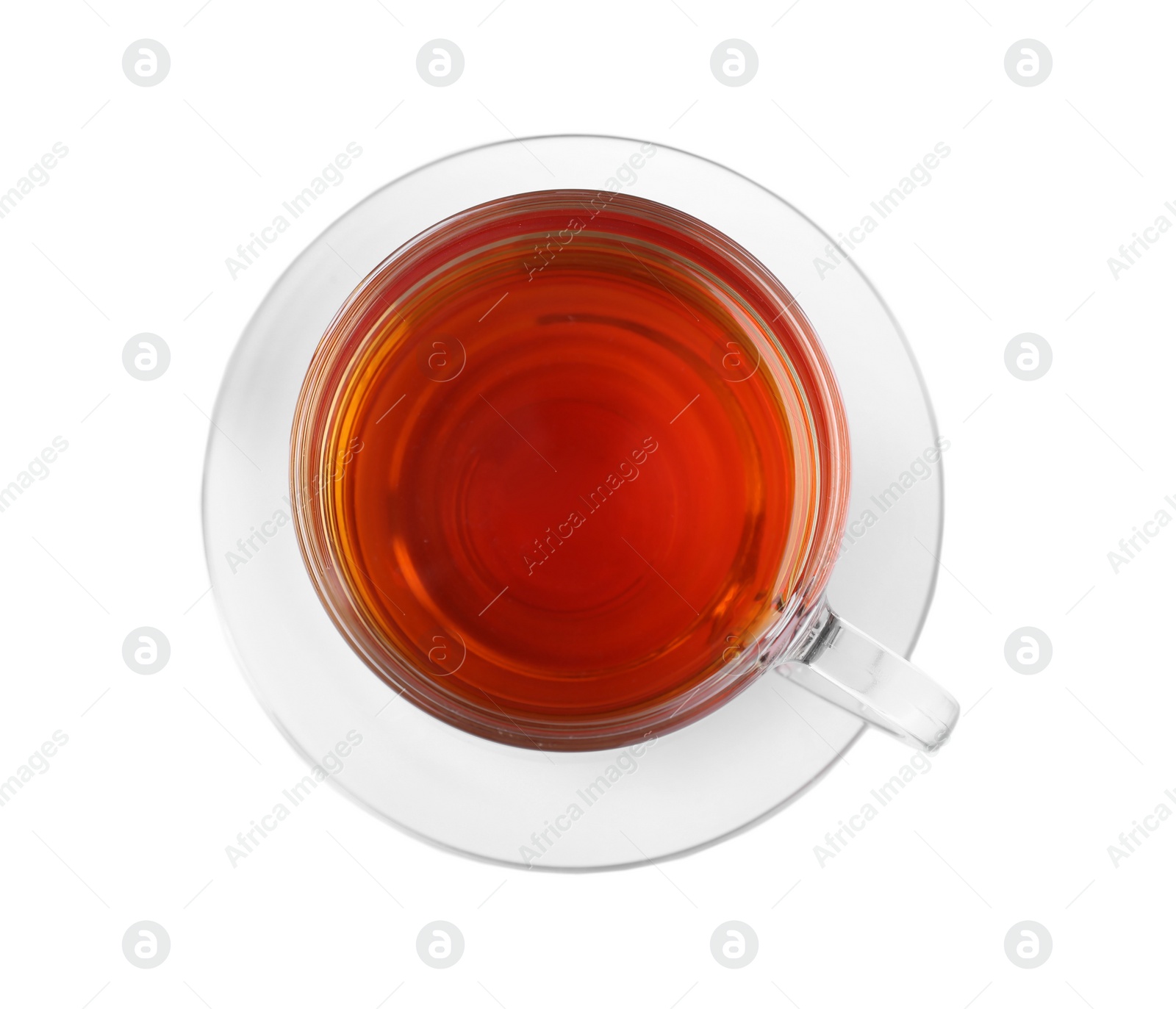 Photo of Glass cup of aromatic rooibos tea isolated on white, top view