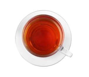 Photo of Glass cup of aromatic rooibos tea isolated on white, top view