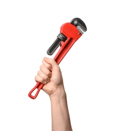 Photo of Man holding pipe wrench isolated on white, closeup