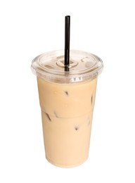 Photo of Takeaway plastic cup with cold coffee drink and straw on white background