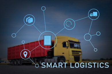 Image of Smart logistics concept. Truck on country road and scheme with icons