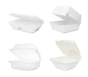 Set with different containers for food on white background