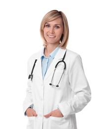 Smiling doctor in uniform on white background