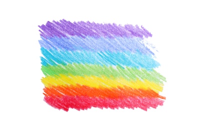 Photo of Rainbow pencil hatching on white background, top view