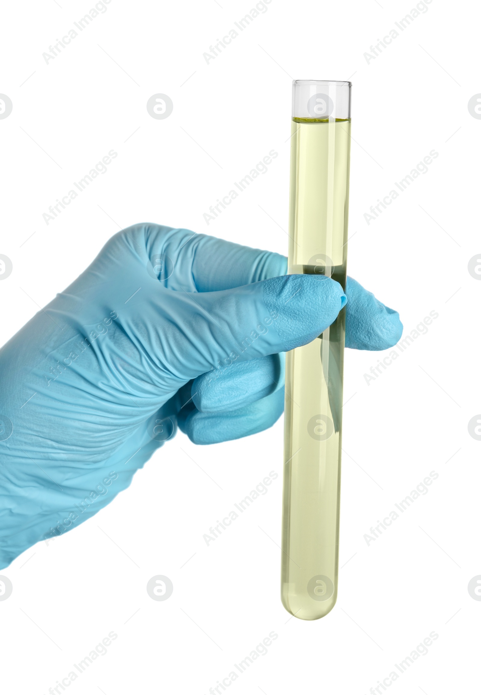 Photo of Doctor holding test tube with urine sample for analysis on white background