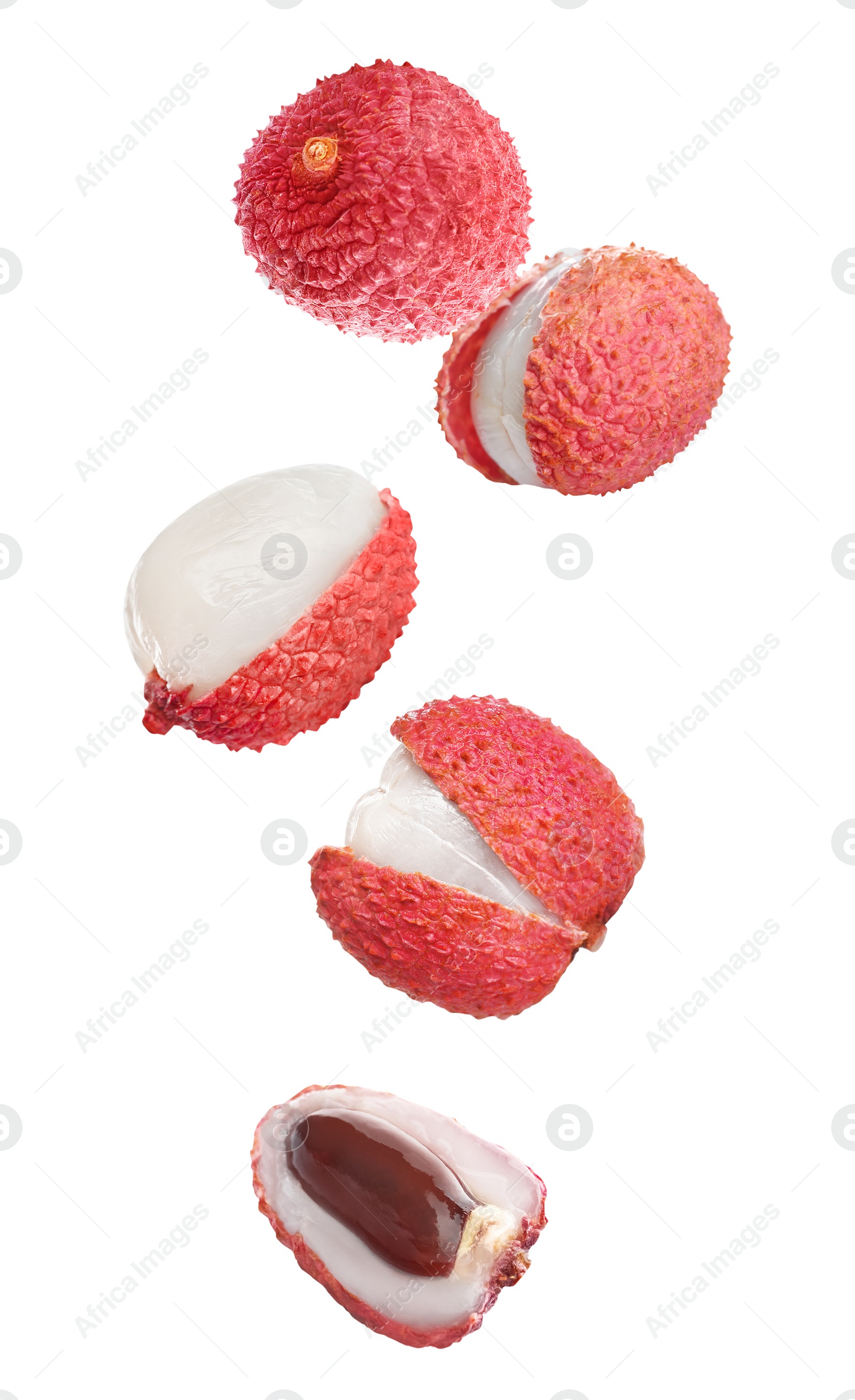 Image of Set of falling delicious lychees on white background