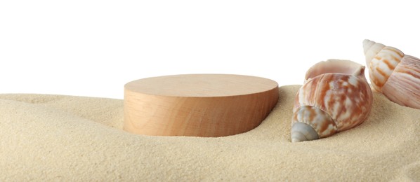 Photo of Presentation of product. Wooden podium on sand and seashells against white background. Space for text