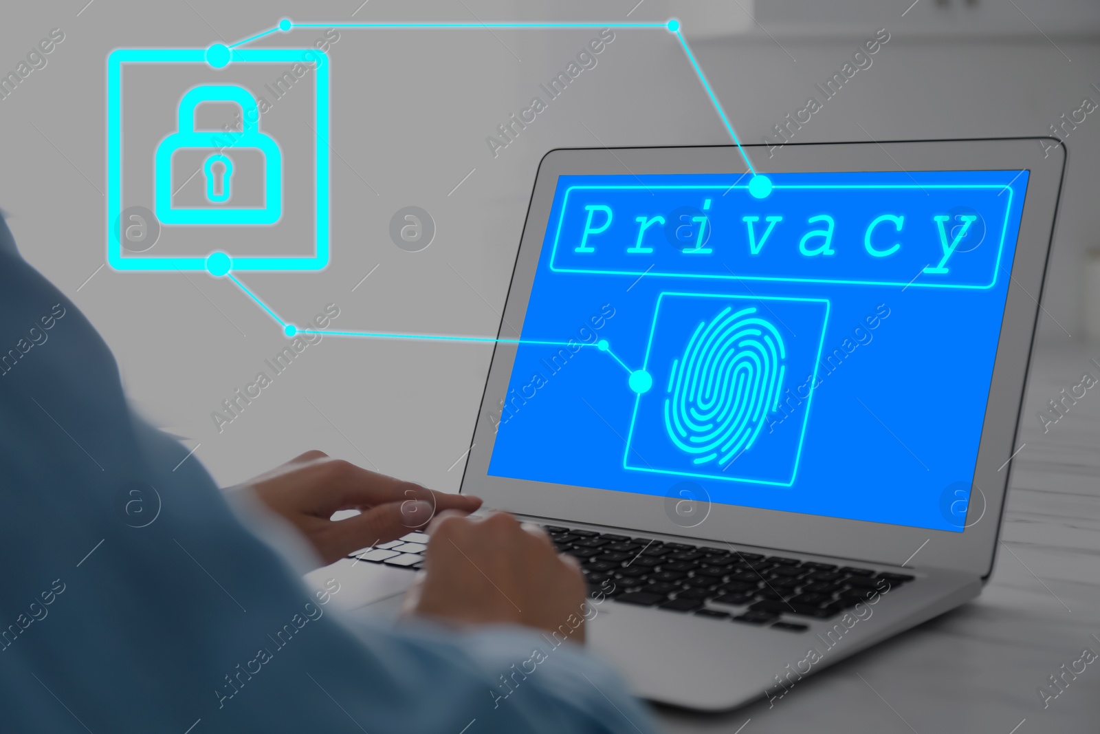 Image of Woman with laptop at table, closeup. Word Privacy and fingerprint on blue screen. Icon of padlock attached to device