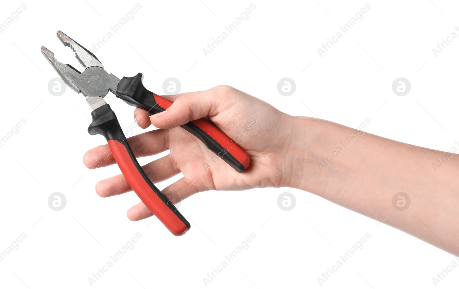 Photo of Woman holding combination pliers isolated on white, closeup