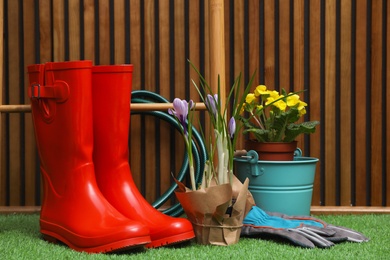Photo of Composition with different plants and rubber boots on artificial grass at wooden wall. Spring gardening