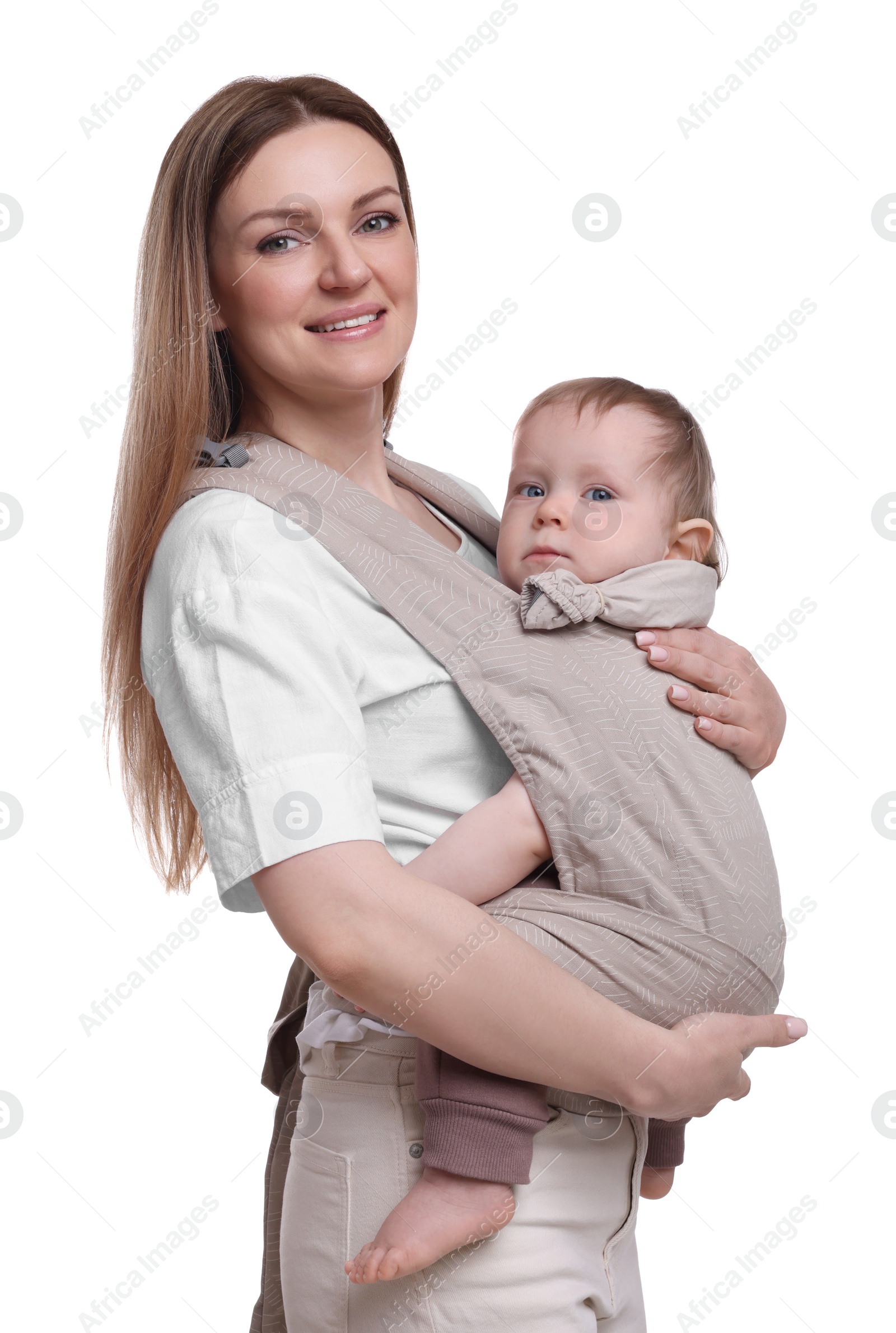 Photo of Mother holding her child in sling (baby carrier) on white background