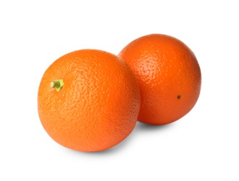 Photo of Delicious fresh ripe oranges on white background