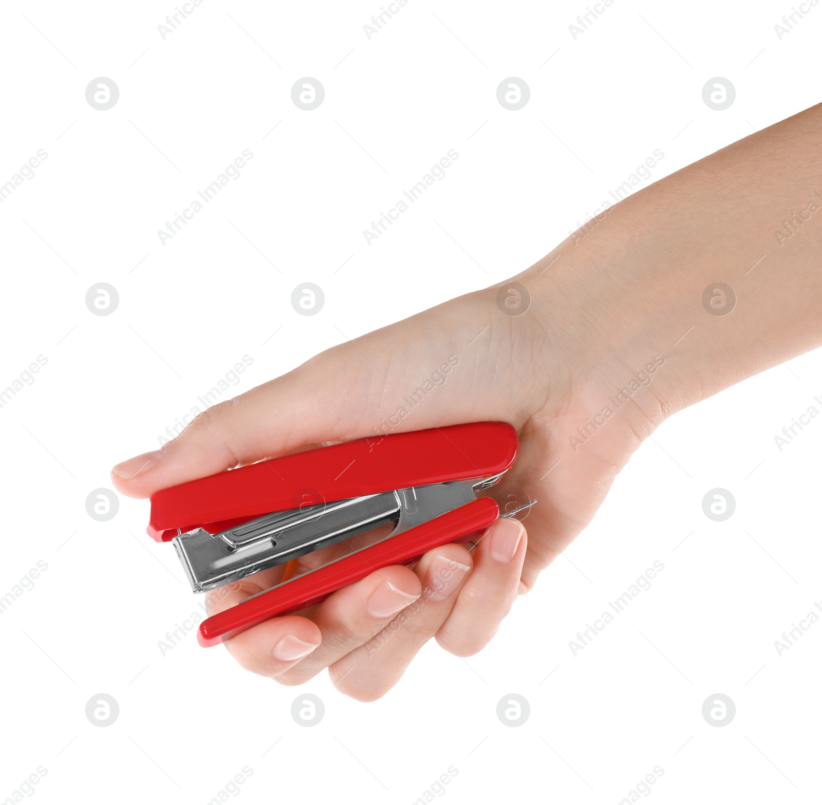 Photo of Woman holding red stapler on white background, closeup