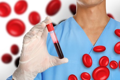 Doctor holding test tube with blood sample and illustration of erythrocytes on white background, closeup