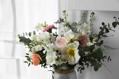 Beautiful bouquet of different fresh flowers indoors