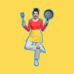Image of Pop art poster. Housewife with frying pan and spatula on yellow background