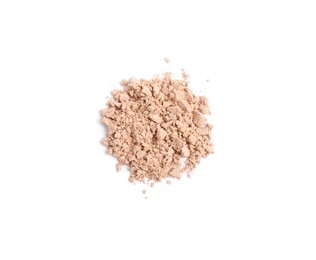 Pile of crushed face powder on white background, top view