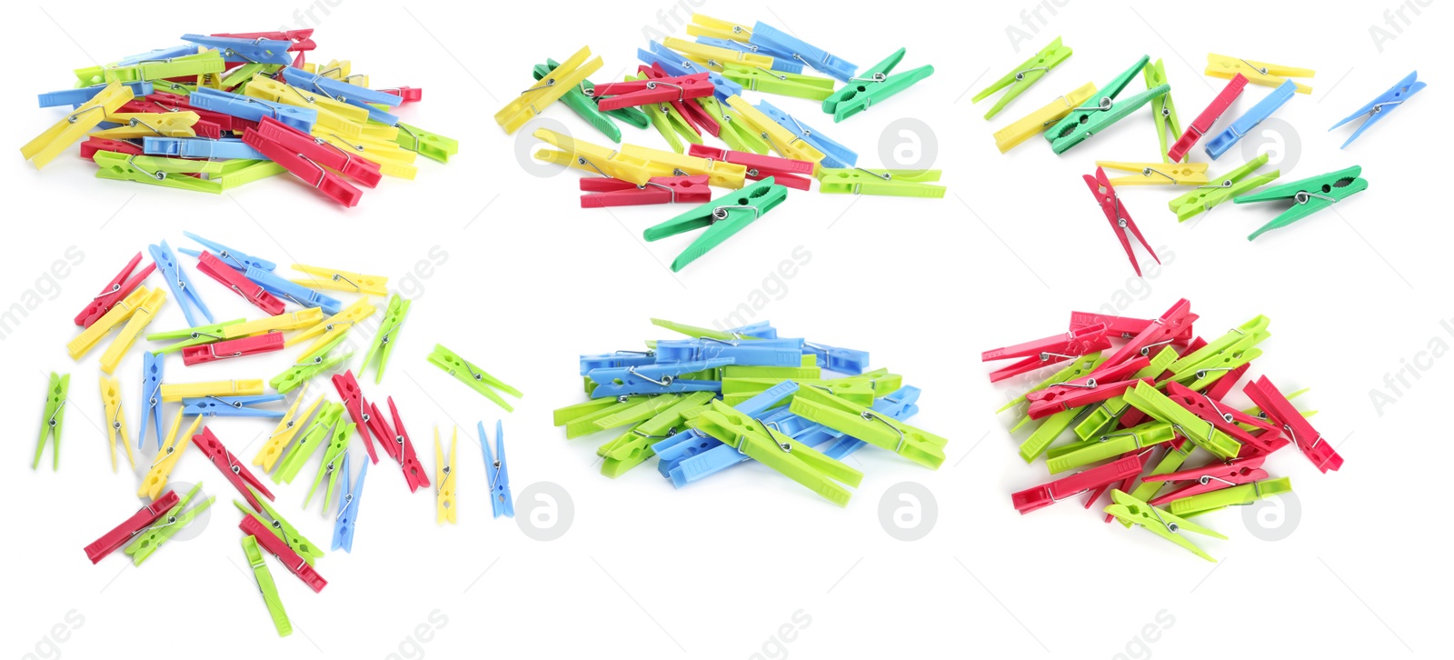 Image of Set with bright plastic clothespins on white background. Banner design 