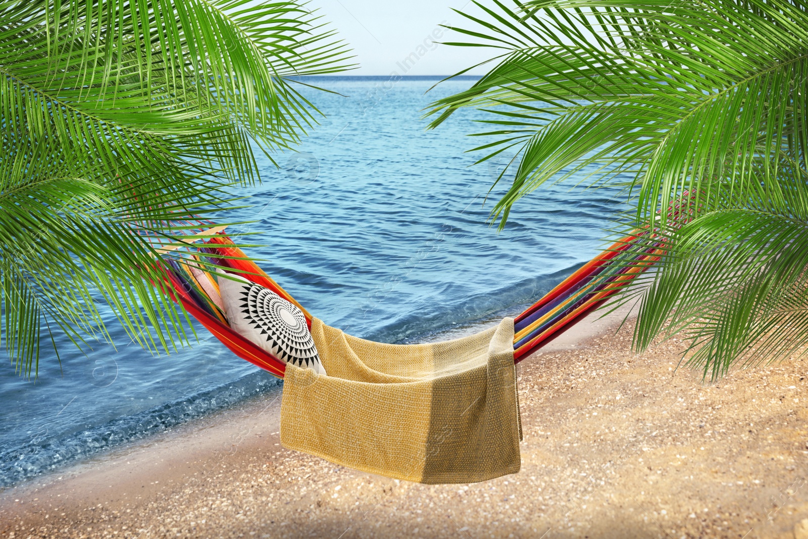 Image of Hammock between palms at sandy beach near sea on sunny day