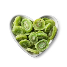 Bowl with slices of kiwi on white background, top view. Dried fruit as healthy food