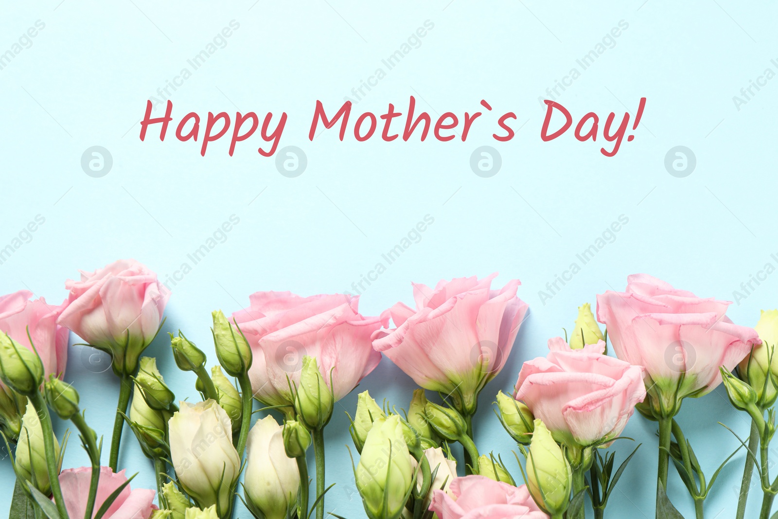 Image of Happy Mother's Day greeting card. Beautiful flowers on light blue background