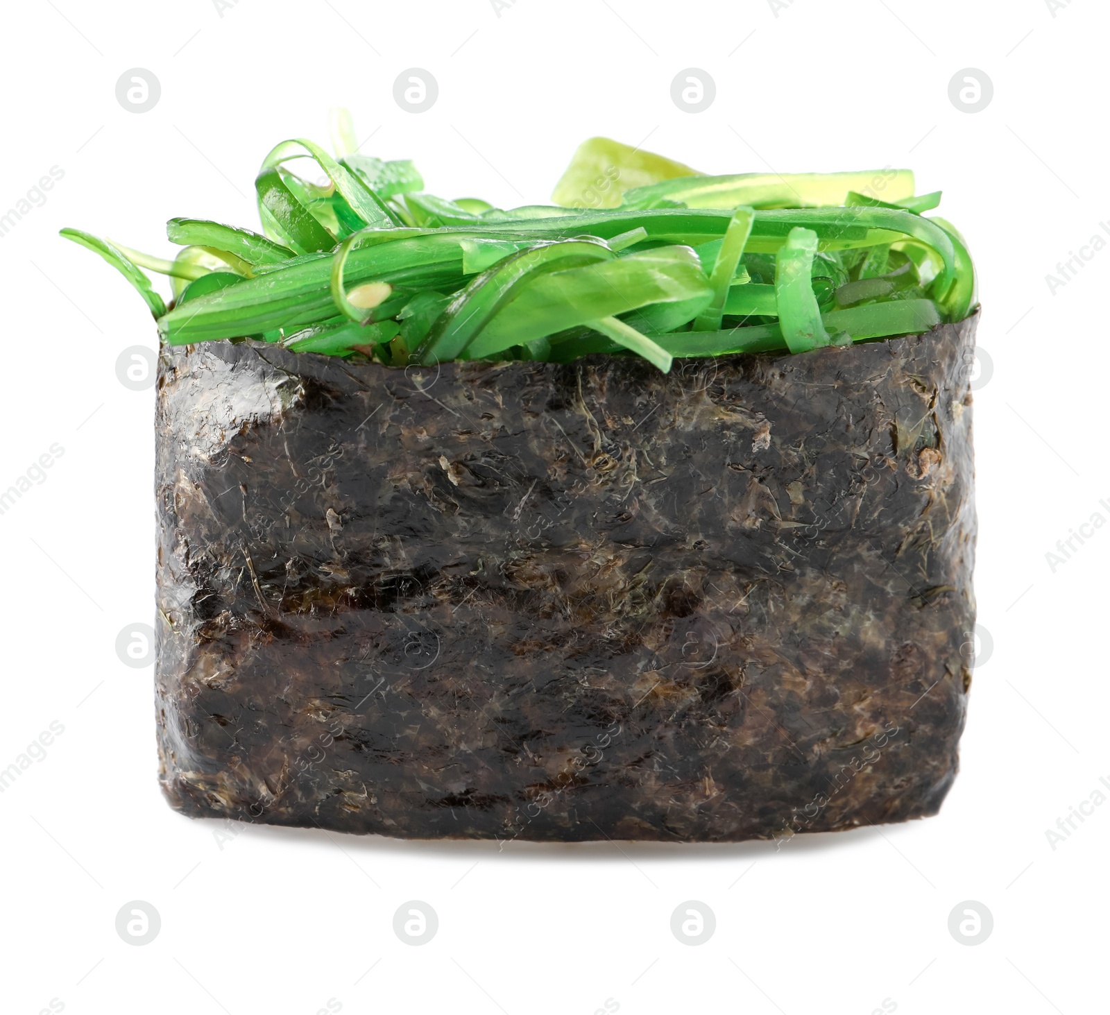 Photo of Delicious sushi with seaweed salad isolated on white